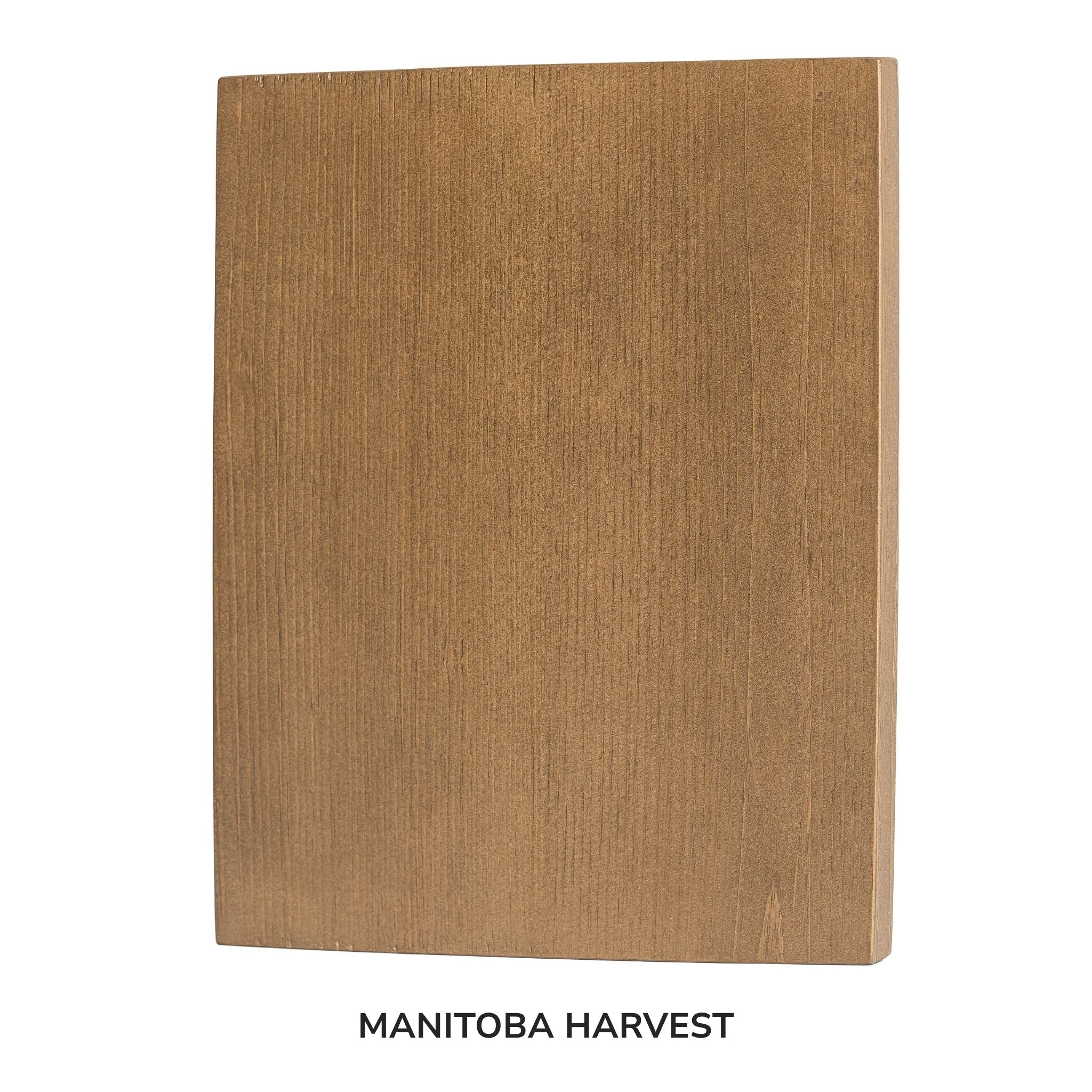 Wooden cutting board with 'Manitoba Harvest' branding on a white background